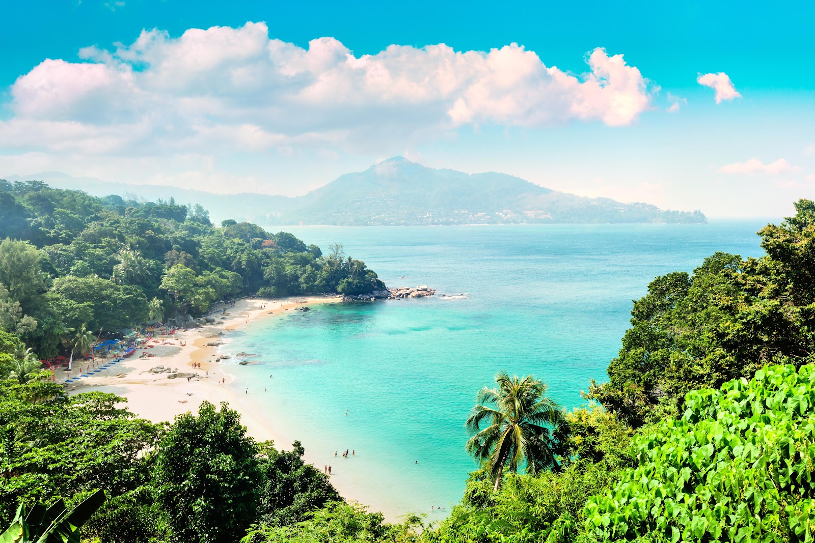 Kamala Beach Phuket quiet bay with green hills and clear water
